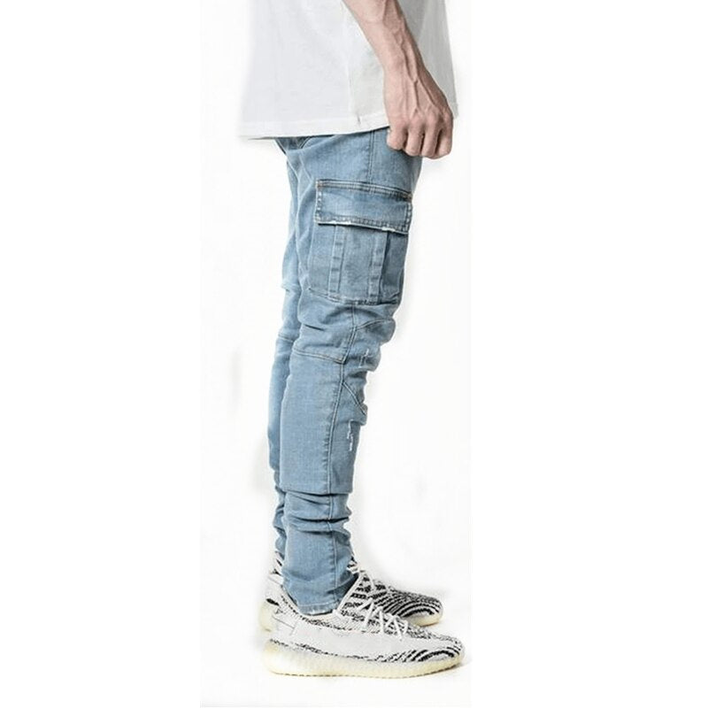 Multi Pocket Cargo Jeans Men New Fashion Denim Pencil Pants Jeans Men Pants Casual Cotton Denim Trousers Side Pockets Cargo