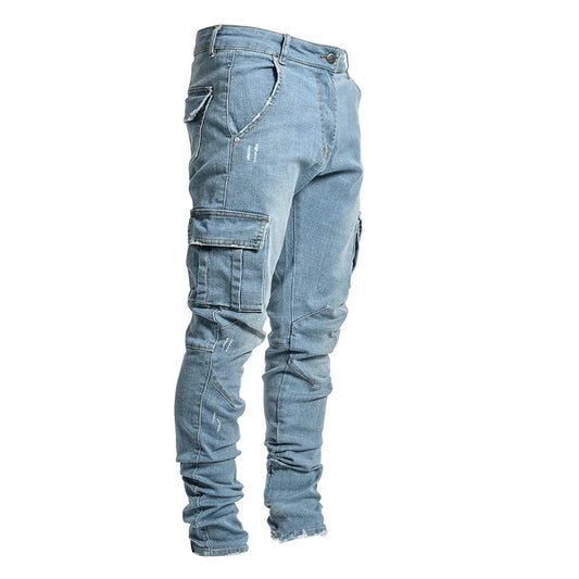 Multi Pocket Cargo Jeans Men New Fashion Denim Pencil Pants Jeans Men Pants Casual Cotton Denim Trousers Side Pockets Cargo